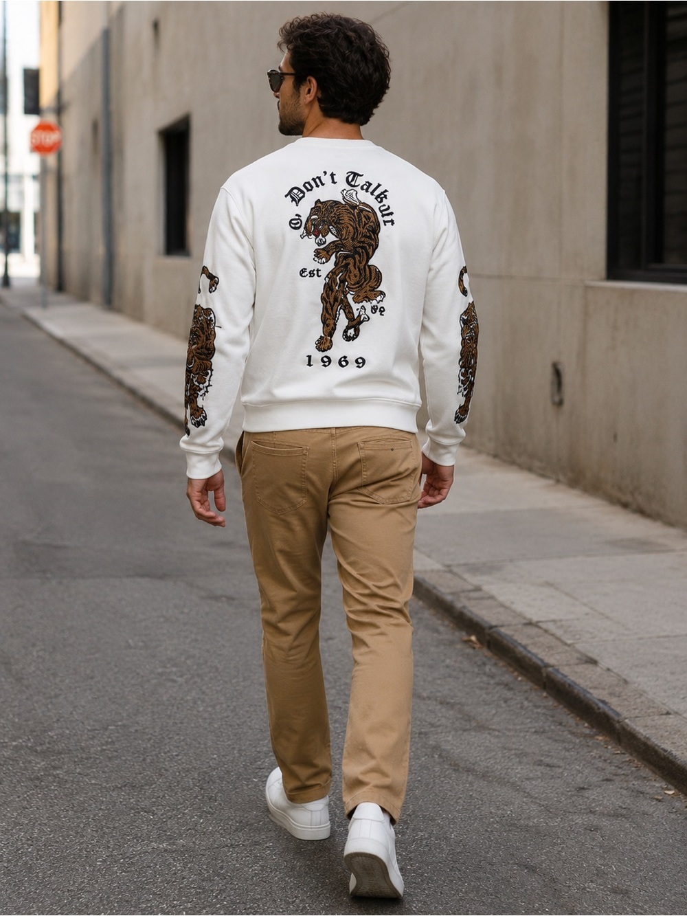 Sean John White Sweater with Embroidered Tiger Detail